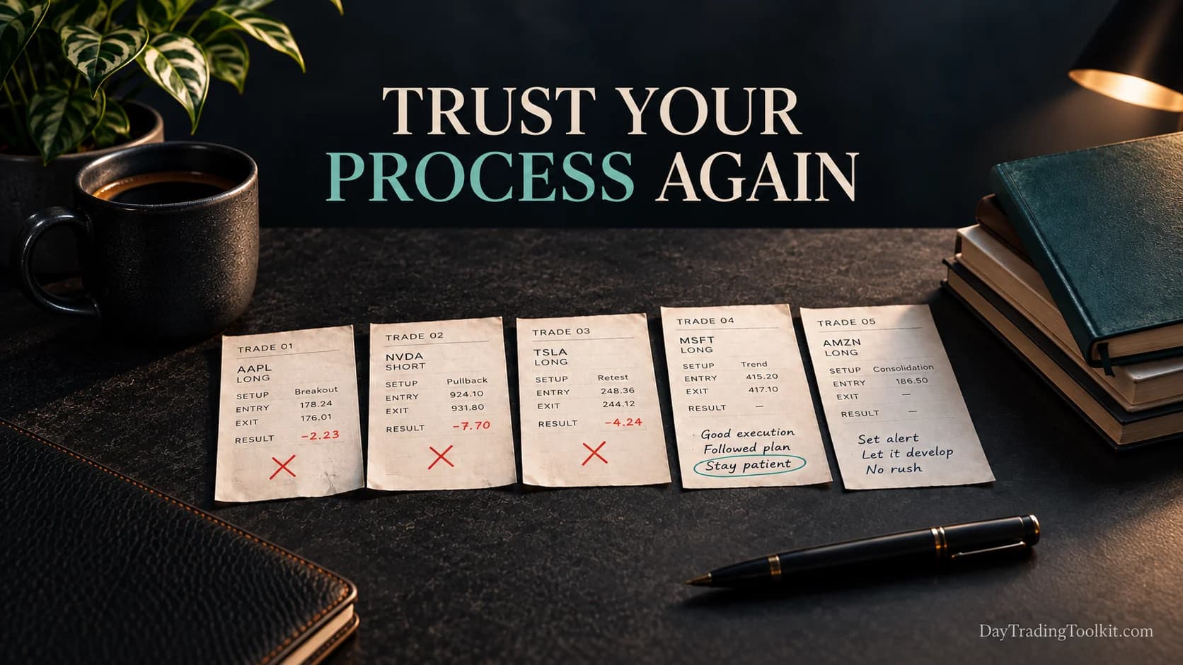 A scattered set of trade-review cards is carefully reassembled into a clear evidence window.