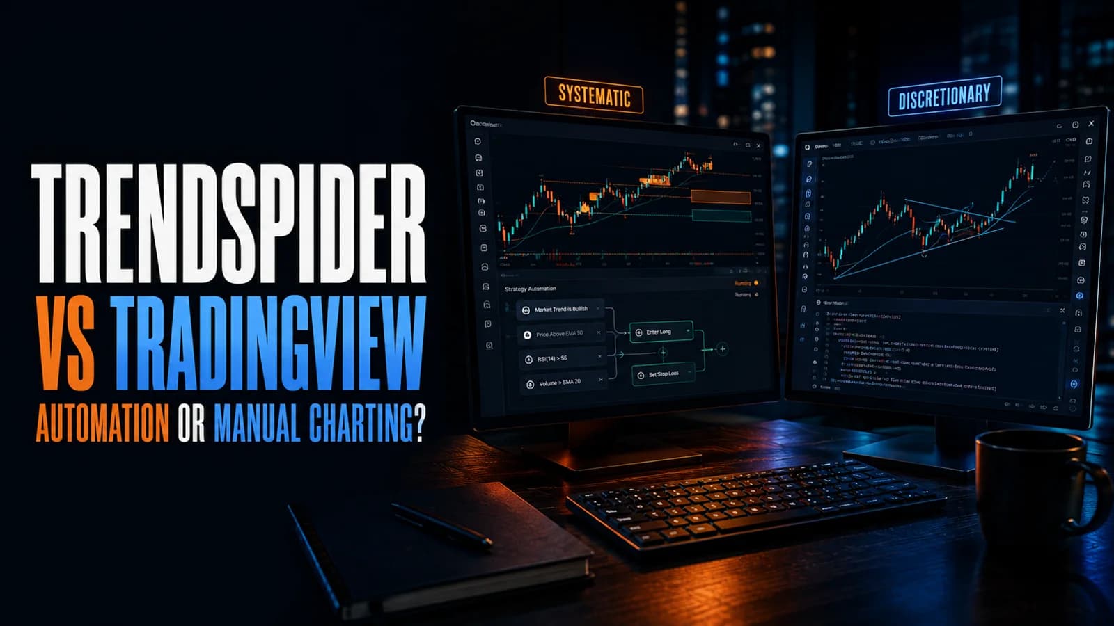 Side-by-side trading monitors comparing TrendSpider automation with TradingView's manual charting workflow.