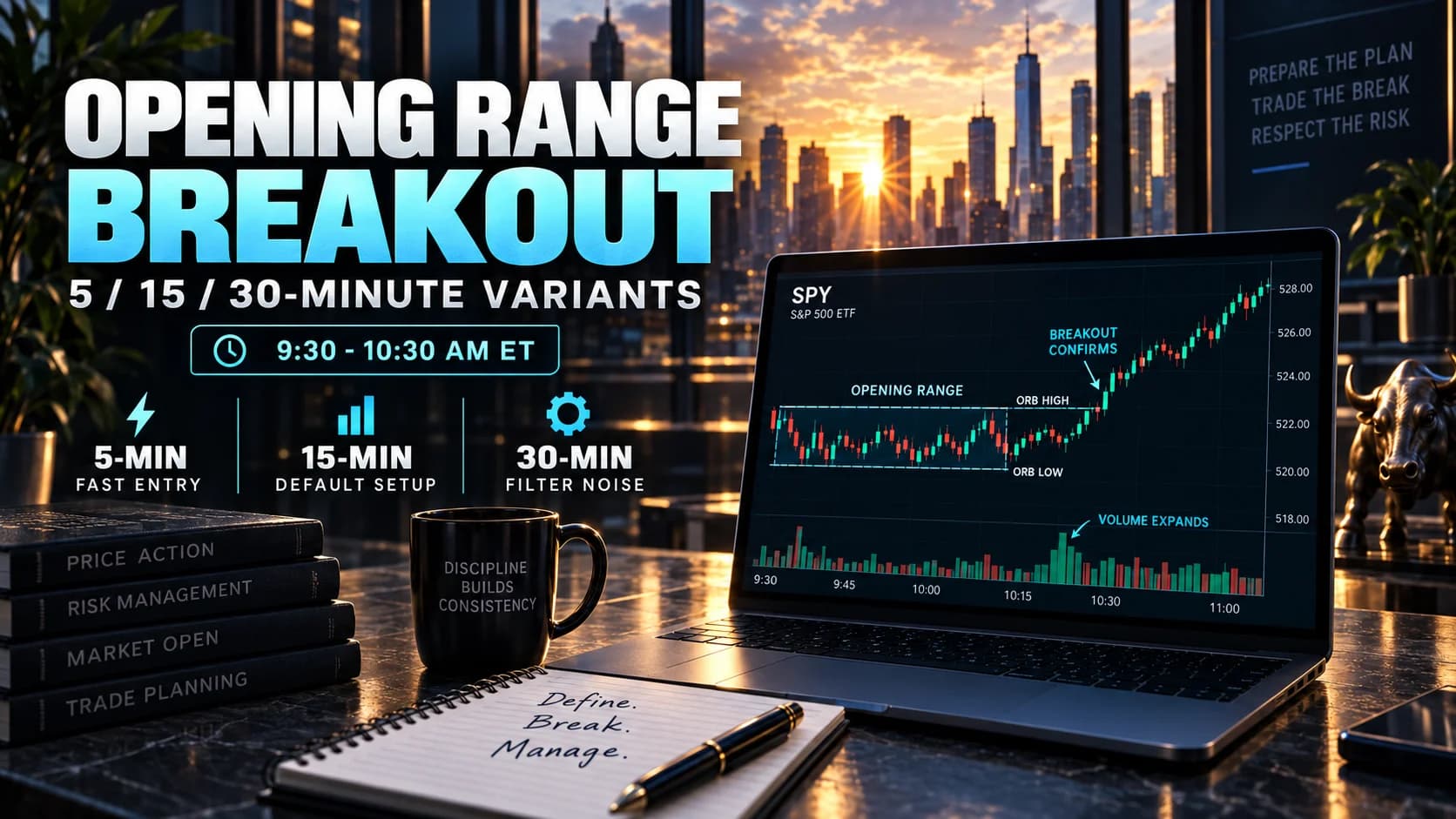 Opening Range Breakout strategy featured image showing 5-minute, 15-minute, and 30-minute ORB variants with an SPY chart breaking above the opening range on rising volume