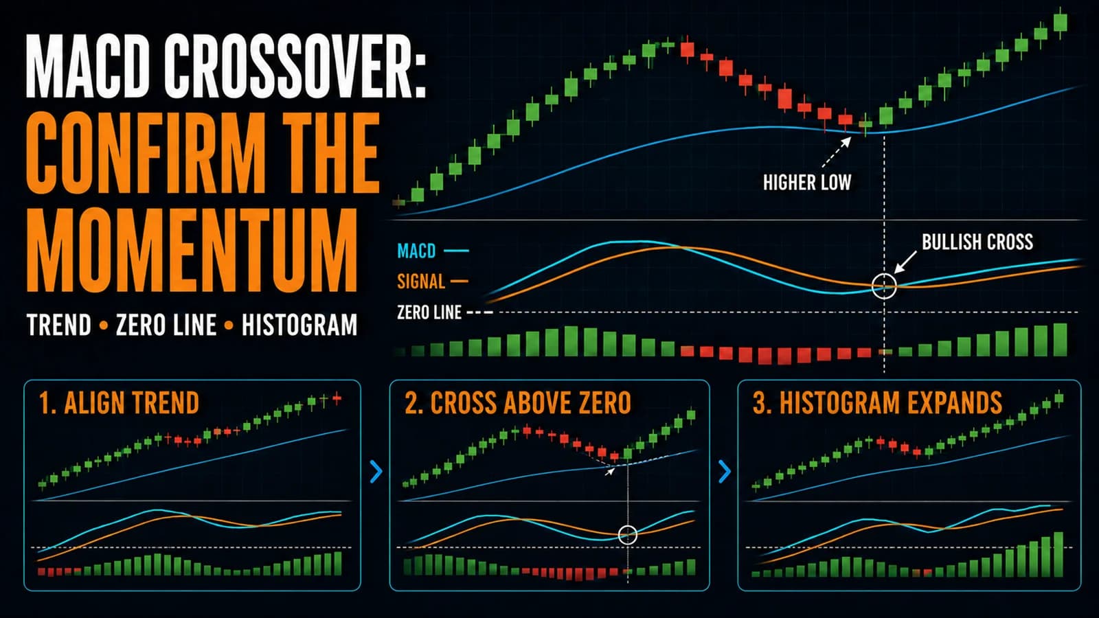 Price and MACD charts showing a higher low, a bullish MACD crossover above the zero line, and an expanding positive histogram.