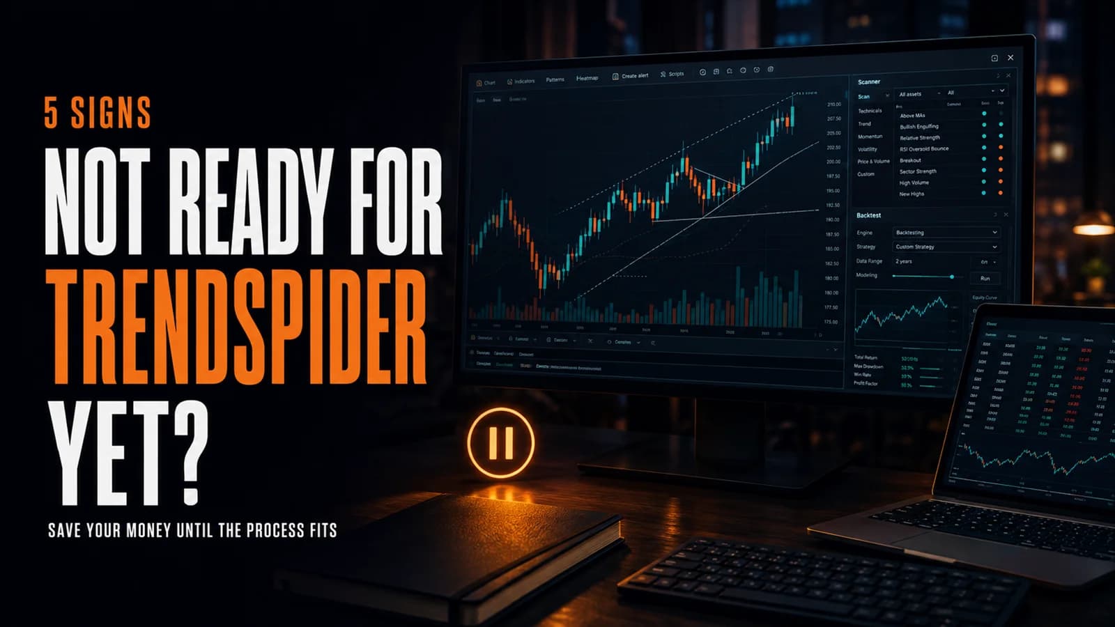 Dark trading workstation with a paused TrendSpider-style analysis dashboard, illustrating five signs a trader may not be ready for the platform.