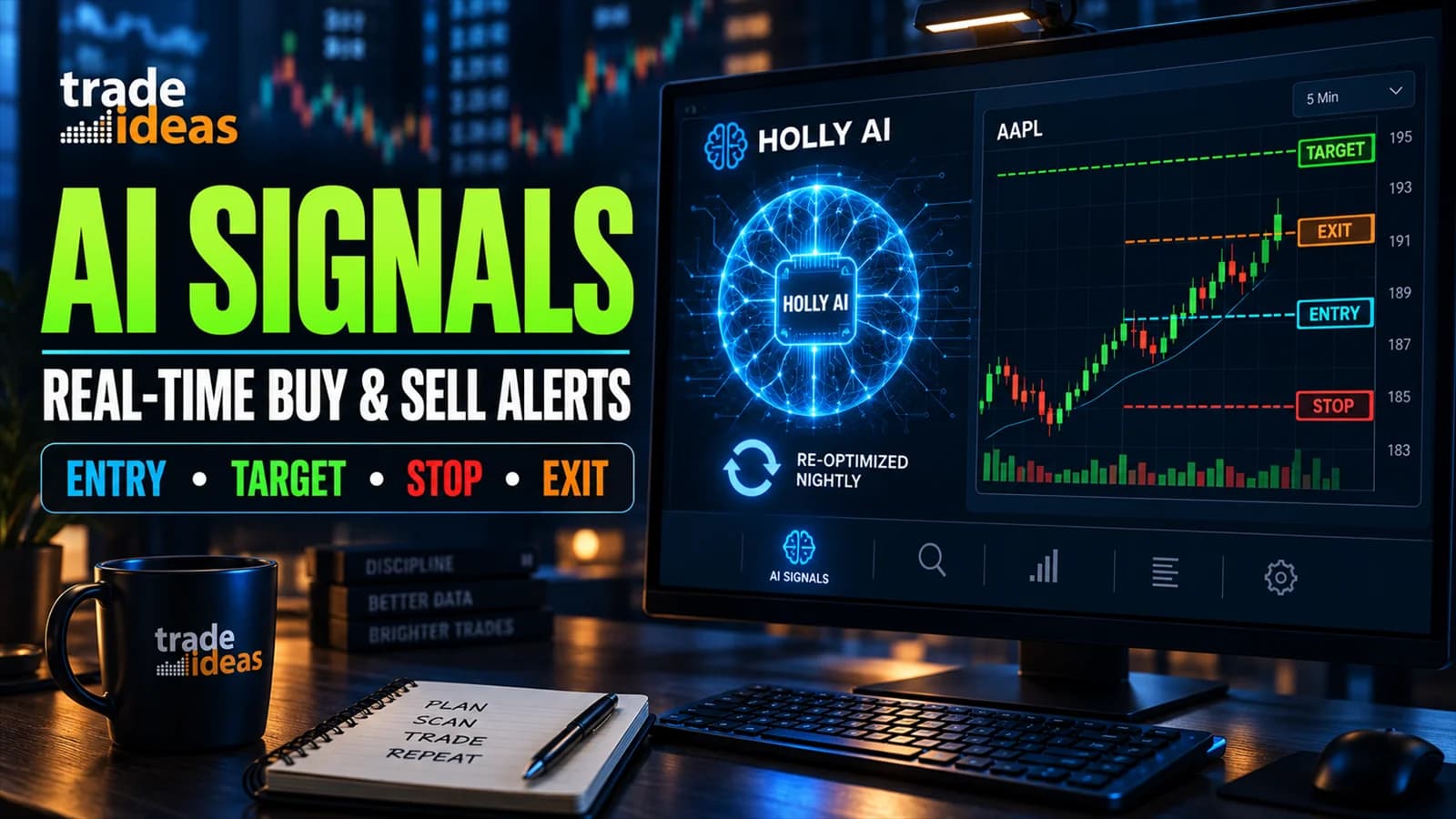 Trade Ideas AI Signals graphic showing Holly AI beside a live chart with clearly marked entry, target, stop, and exit levels.