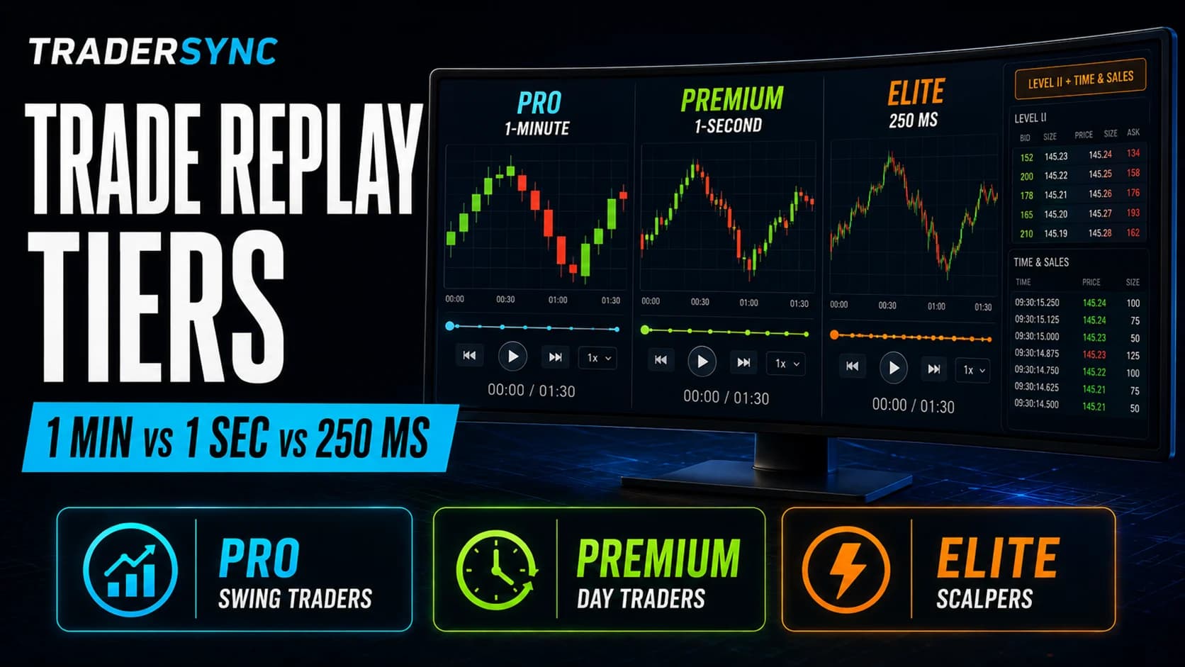 TraderSync Trade Replay tiers comparing one-minute Pro, one-second Premium, and 250-millisecond Elite playback with Level II data.