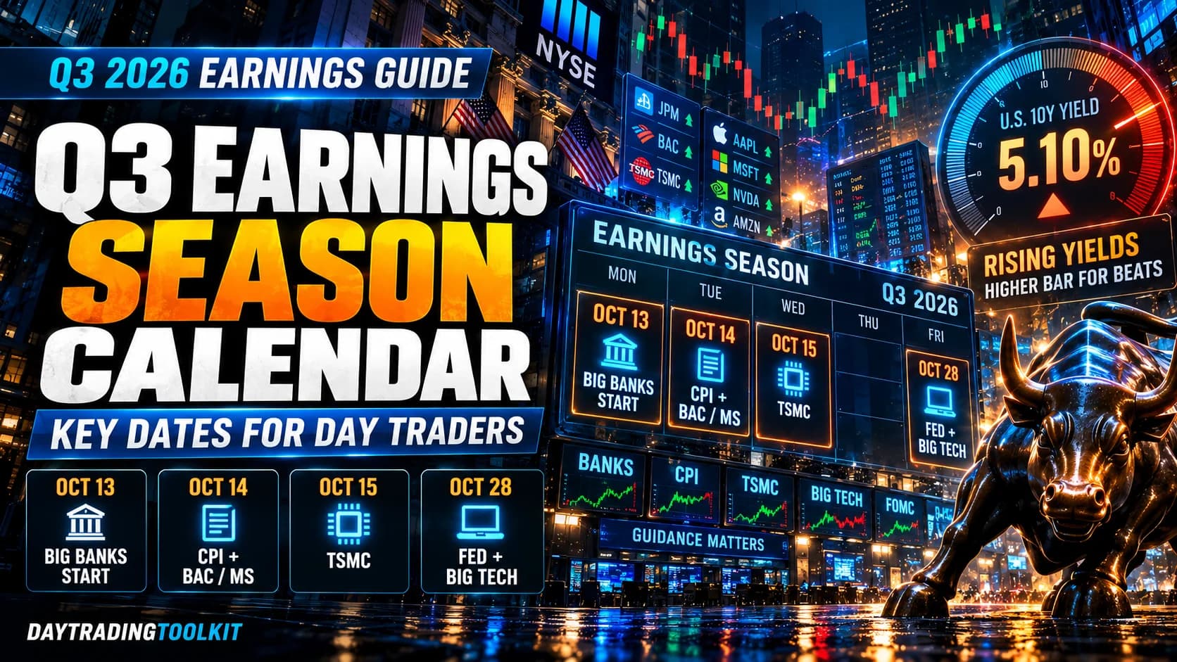 Q3 2026 earnings season calendar for day traders showing key October dates, big bank earnings, CPI, TSMC, the Fed, Big Tech, and rising Treasury yields.