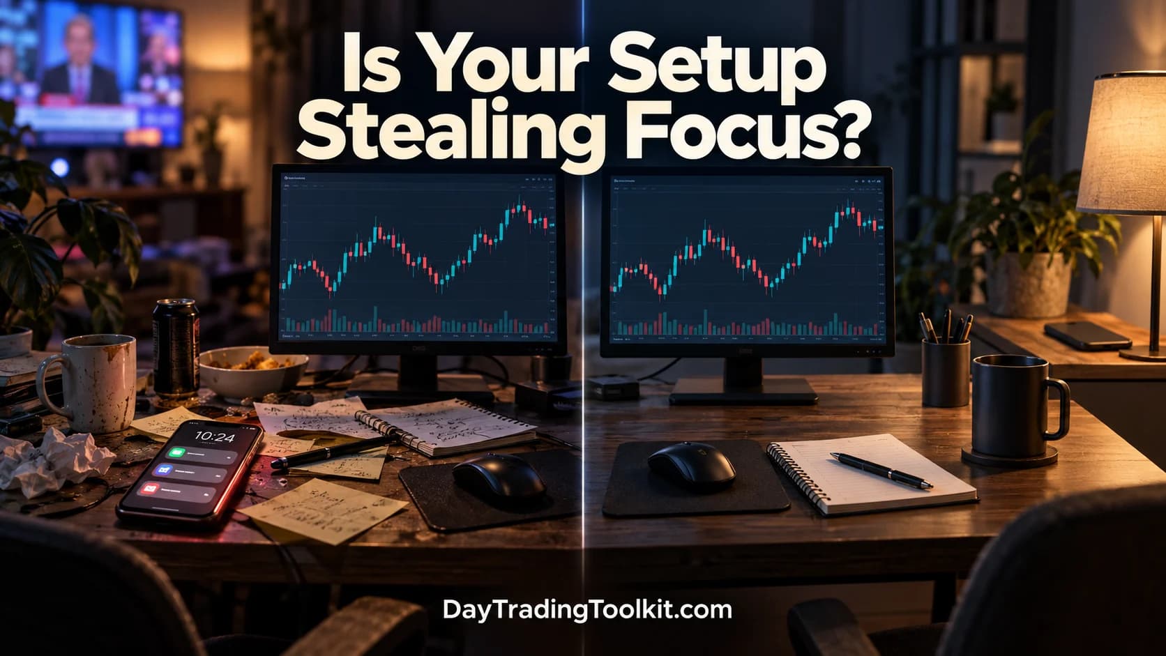 A split view contrasts a distracting trading desk with a calm, organized workspace.