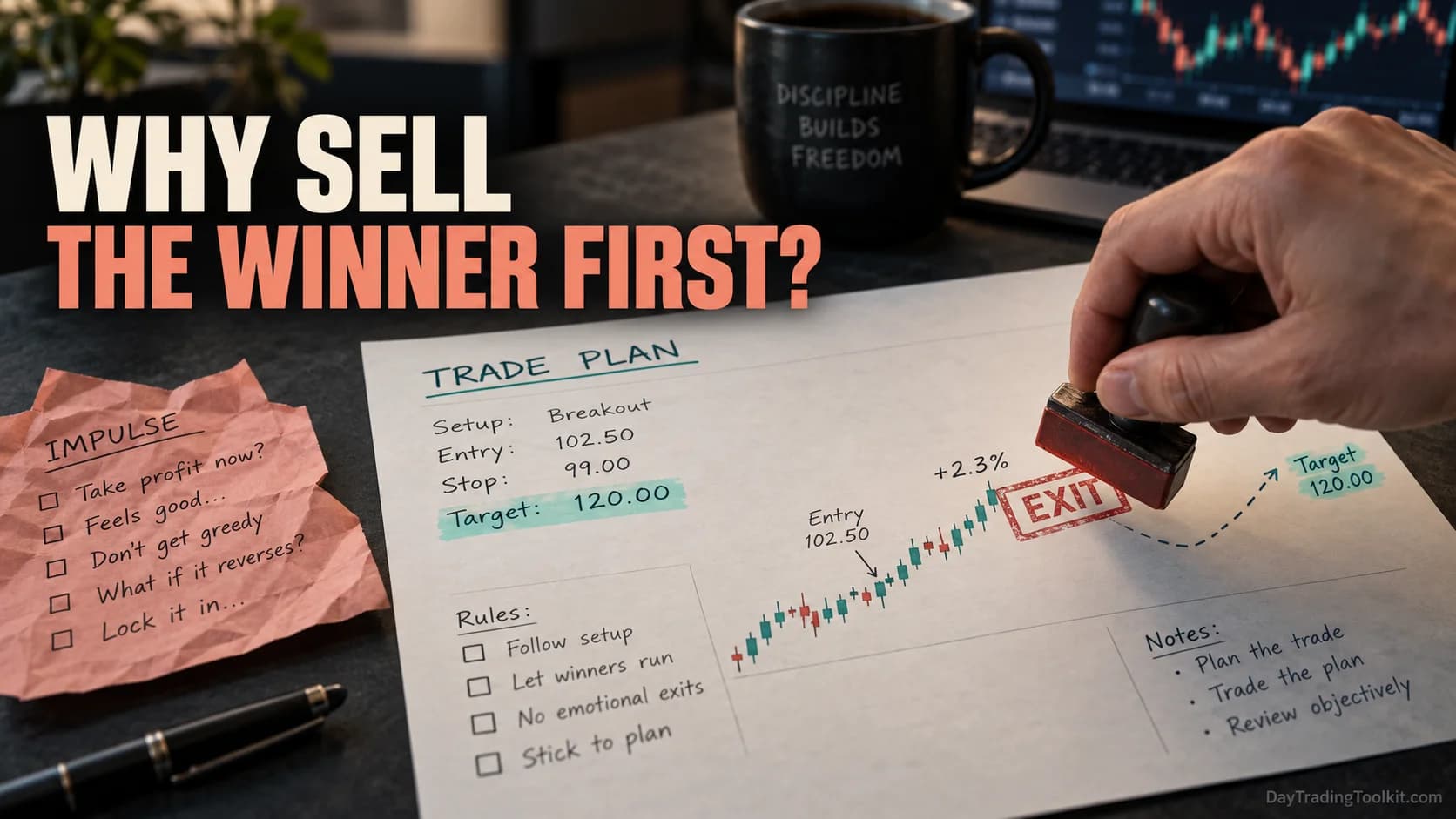 A trader stamps an exit before the planned target on a printed trading plan.