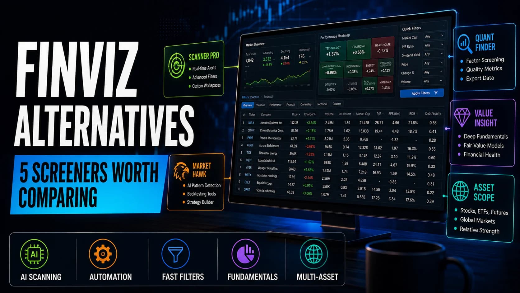 Finviz alternatives comparison featuring a stock screener and tools for AI scanning, automation, fast filtering, fundamentals, and multiple assets.