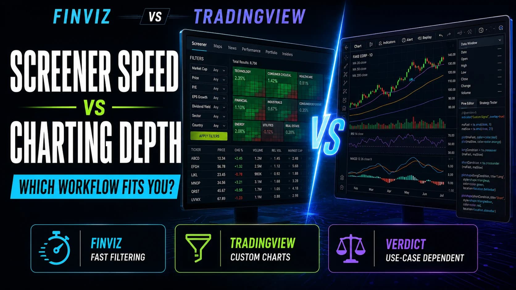 Finviz versus TradingView comparison showing a fast stock screener beside an advanced charting platform with custom indicators.
