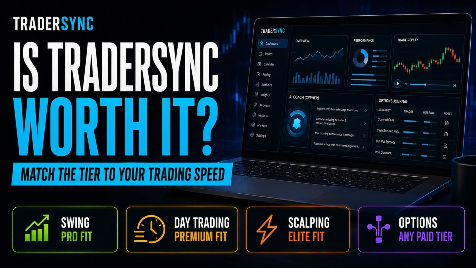 TraderSync value breakdown matching Pro, Premium, and Elite plans to swing traders, day traders, scalpers, and options traders.
