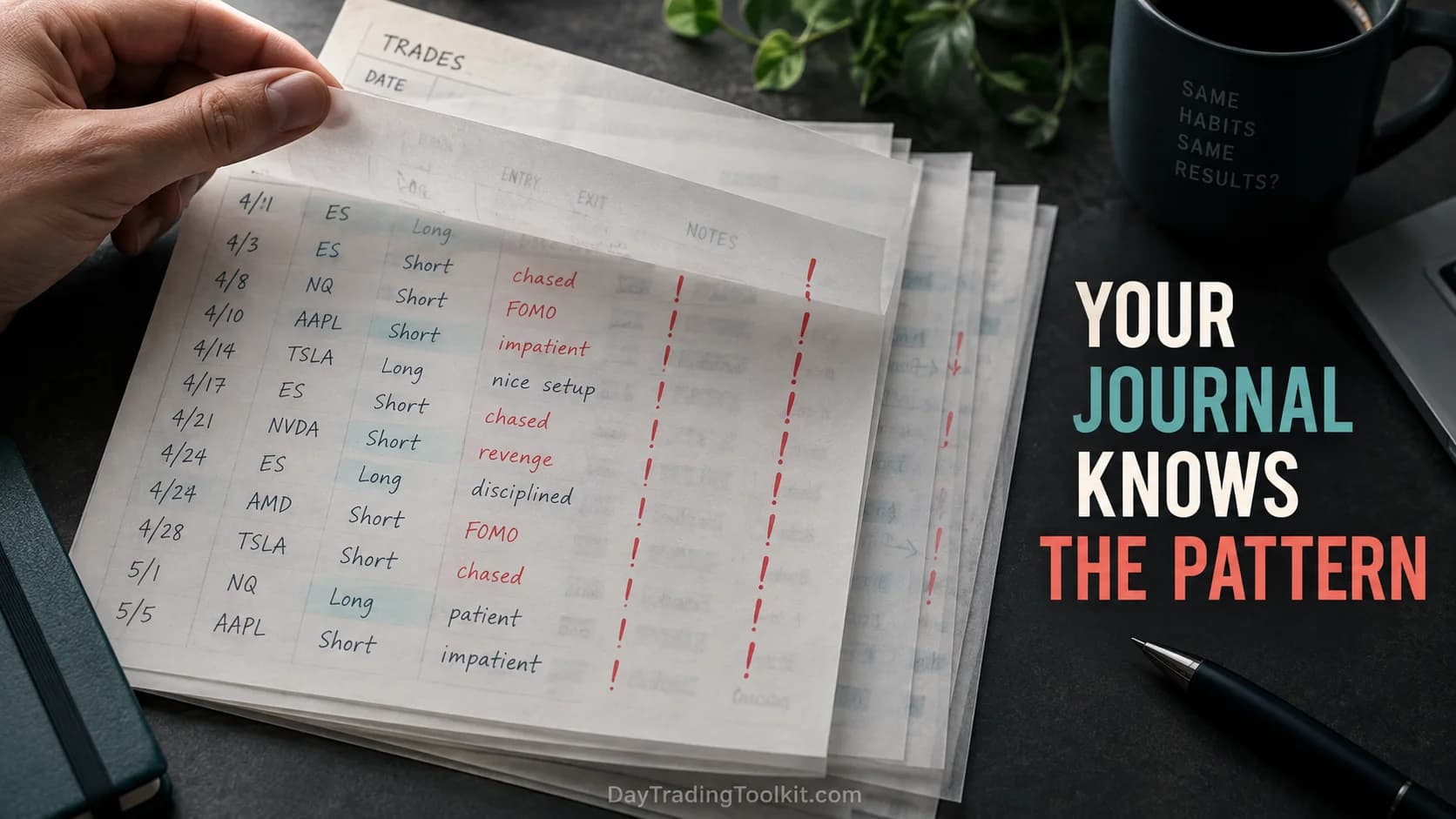 Layered journal pages reveal a repeated pattern in trading decisions.
