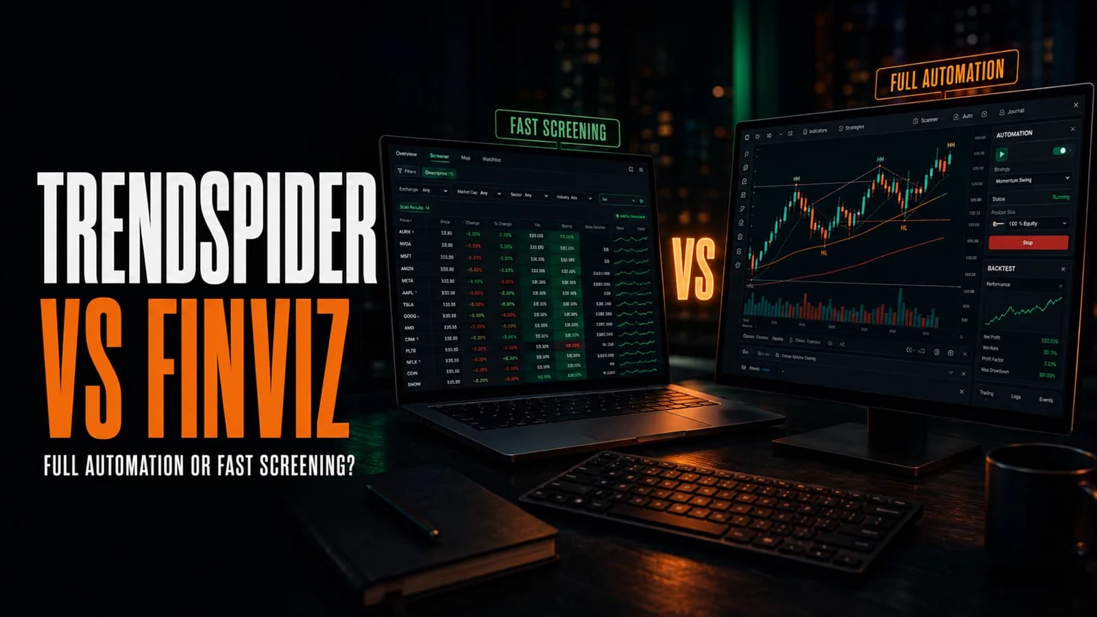 Side-by-side trading workstations comparing Finviz for fast stock screening with TrendSpider for deeper analysis and automation.
