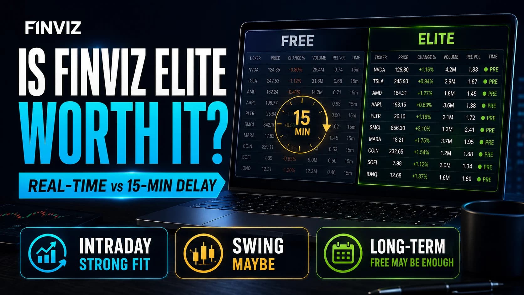 Finviz Elite comparison showing 15-minute delayed free data versus real-time market data for intraday, swing, and long-term traders.