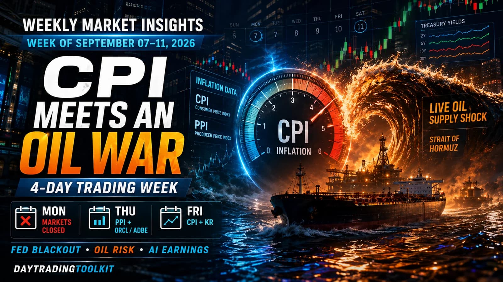 Weekly Market Insights for September 7–11, 2026, showing a CPI gauge, oil tanker, and four-day trading-week catalyst calendar.