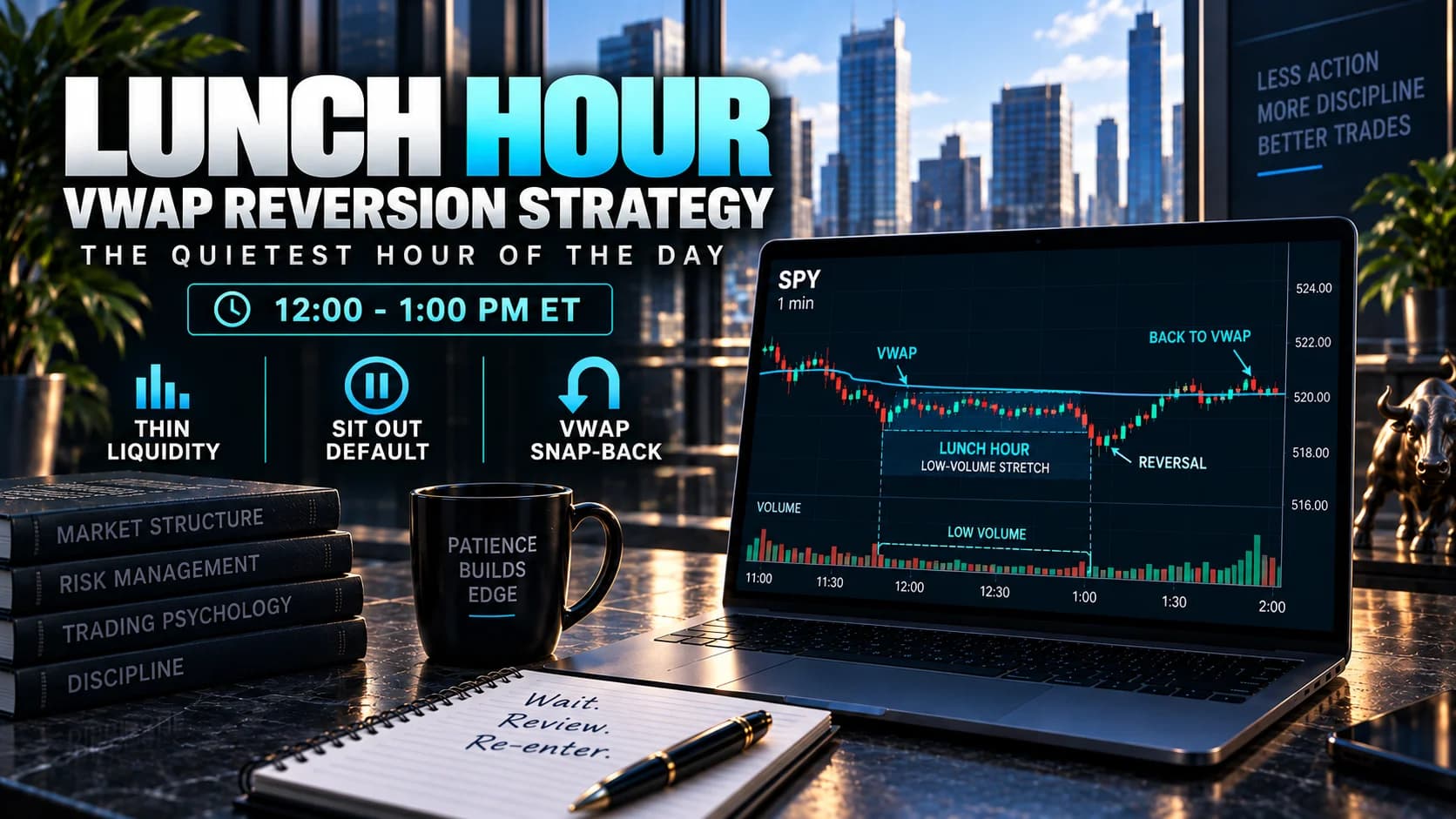 Lunch Hour day trading strategy showing a low-volume VWAP stretch and reversal back to VWAP between 12:00 and 1:00 PM ET