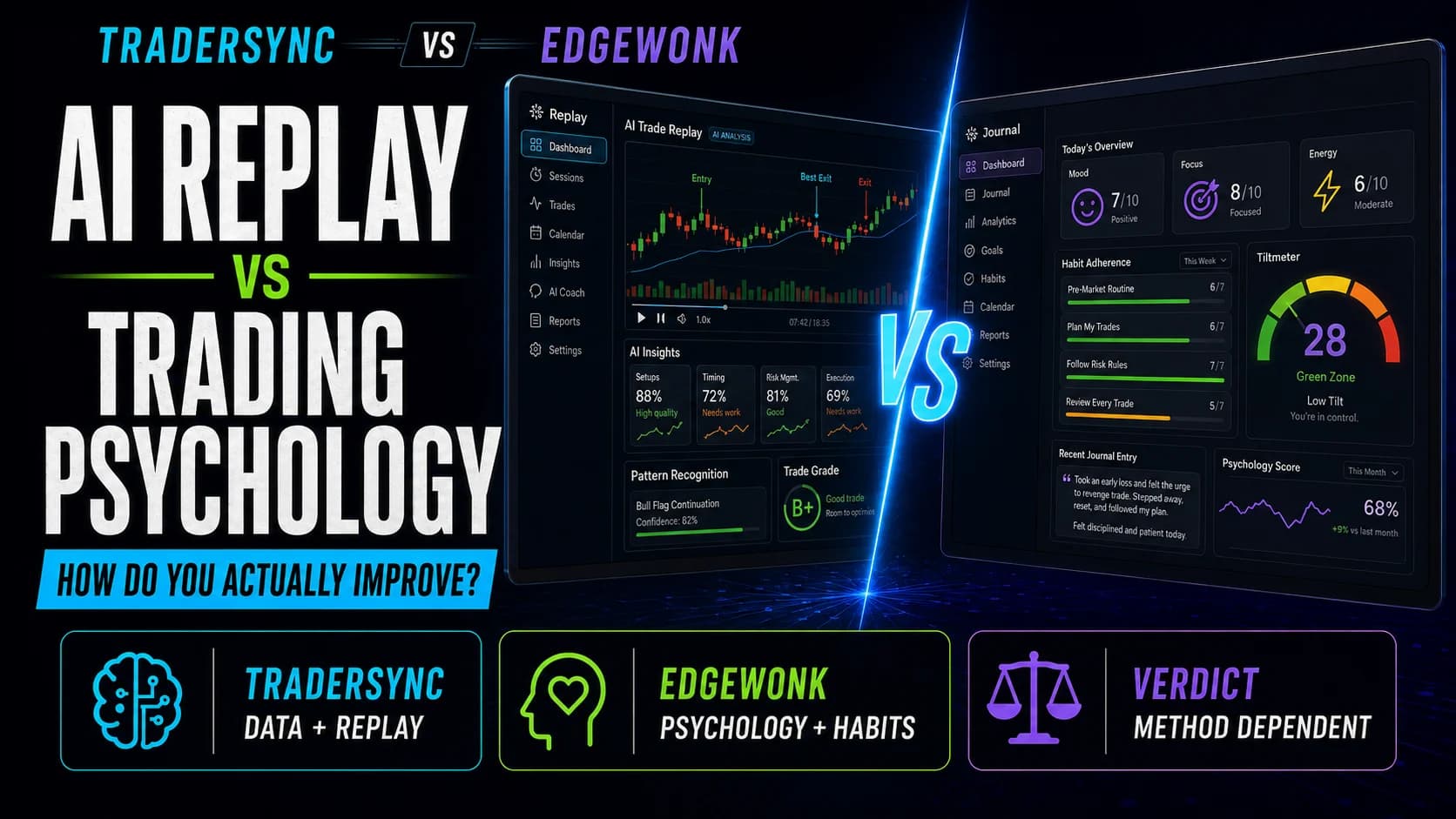 TraderSync versus Edgewonk comparison showing AI trade replay and analytics beside psychology, habit, and Tiltmeter tracking.