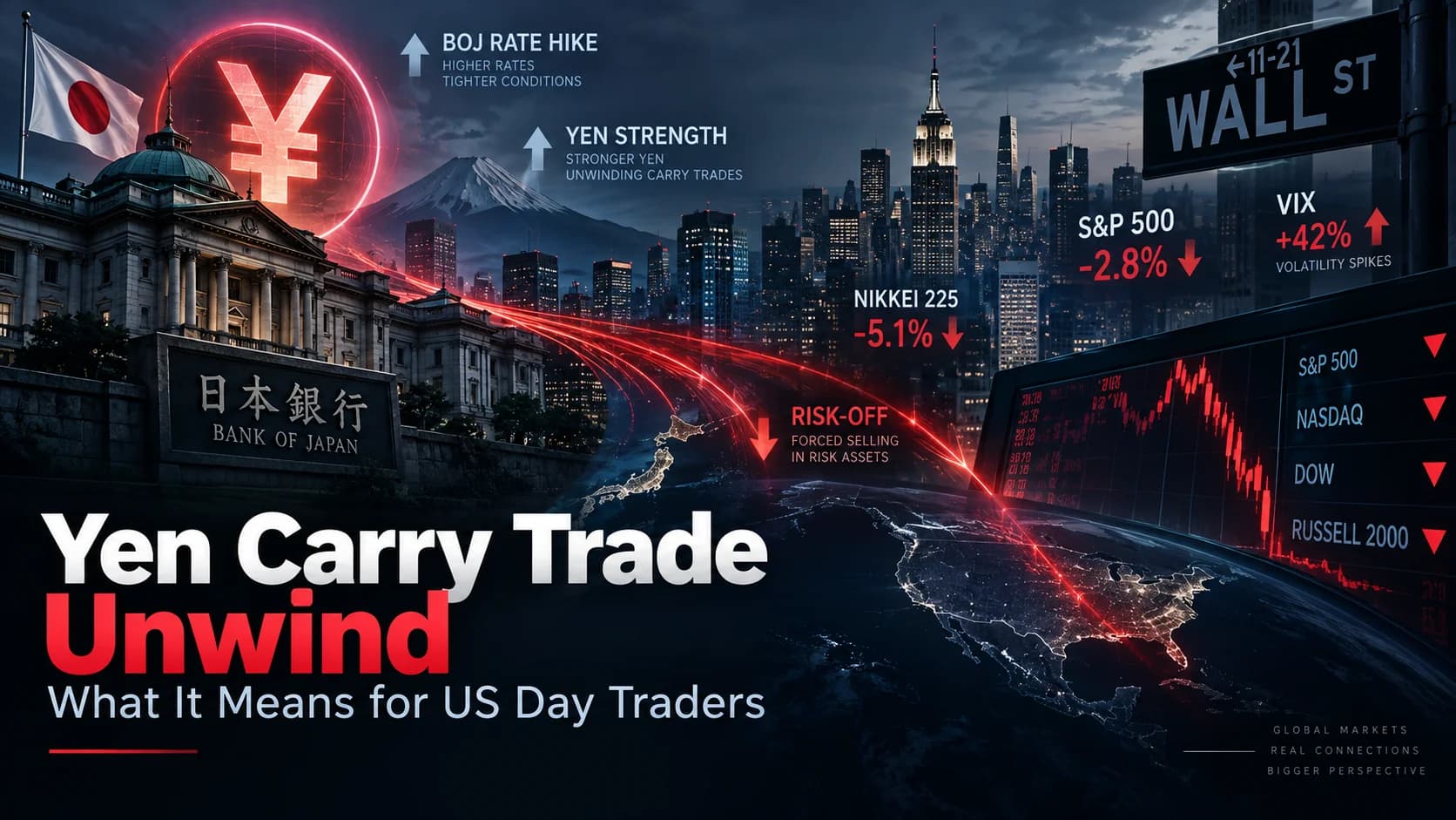 Featured image for The Yen Carry Trade Unwind showing the Bank of Japan, yen strength, a risk-off market selloff, and what it means for US day traders.