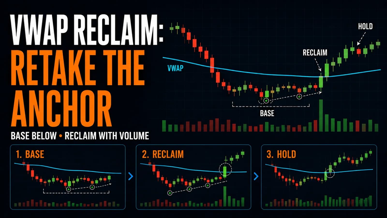 Candlestick chart showing price basing below VWAP, reclaiming it on stronger volume, and holding above the level.