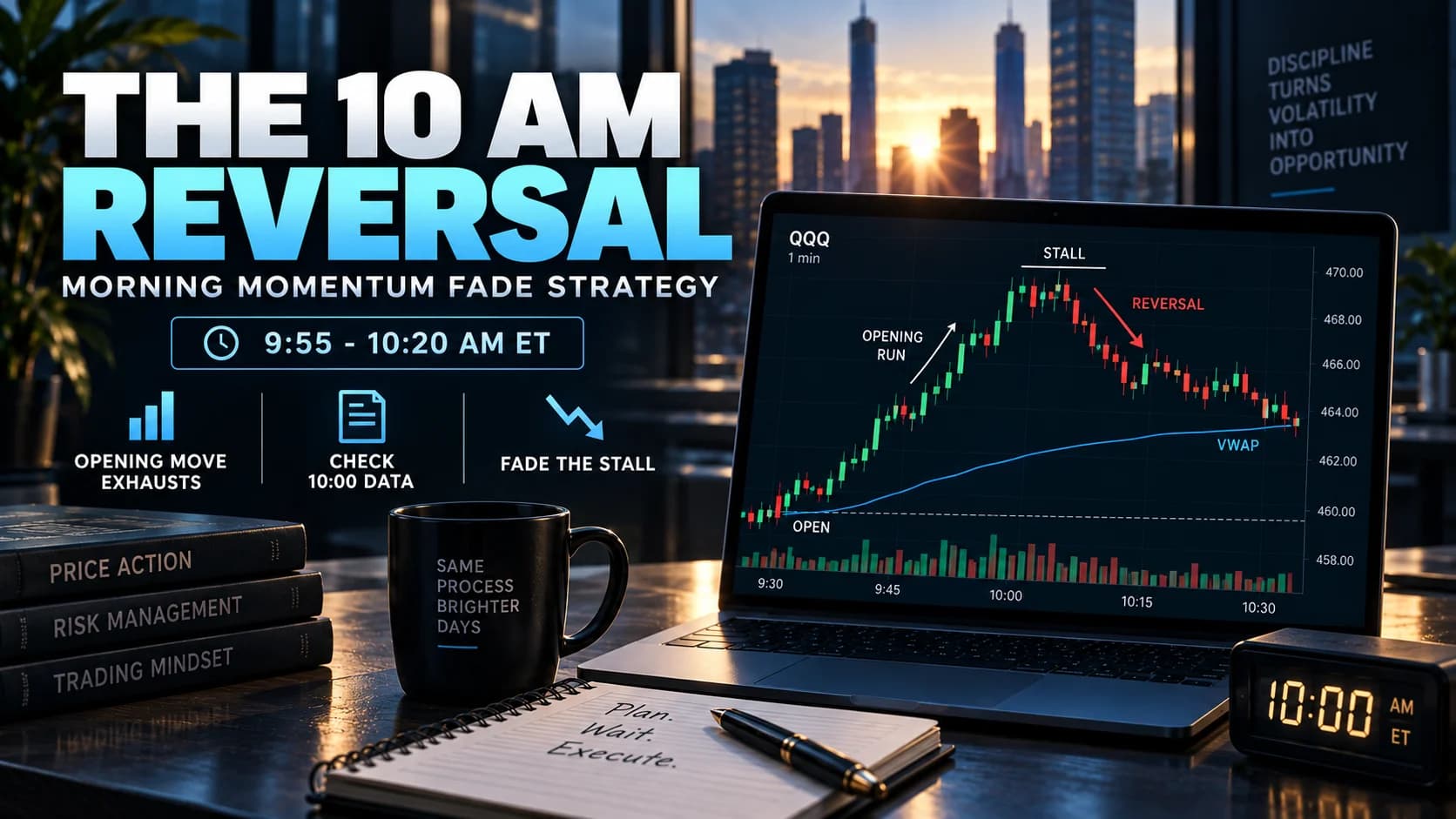 10 AM reversal day trading strategy showing an opening momentum stall and reversal toward VWAP on a trading chart
