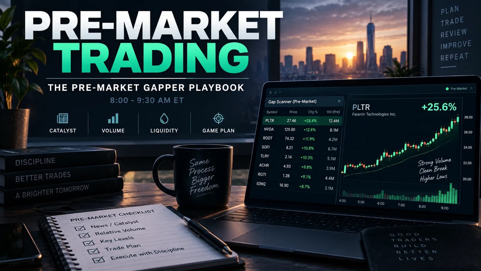 Pre-market trading gapper playbook showing stock scanner, rising price chart, volume, catalyst and liquidity analysis before the market open.