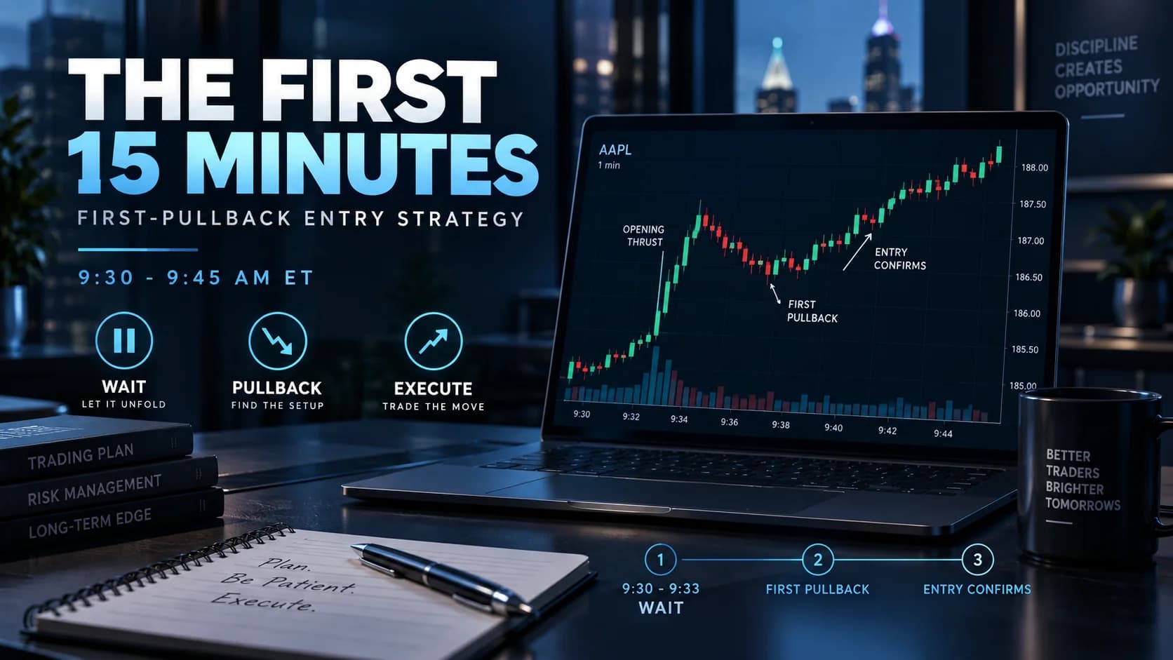 First 15 minutes trading strategy showing the opening thrust, first pullback and confirmed entry setup between 9:30 and 9:45 AM ET.