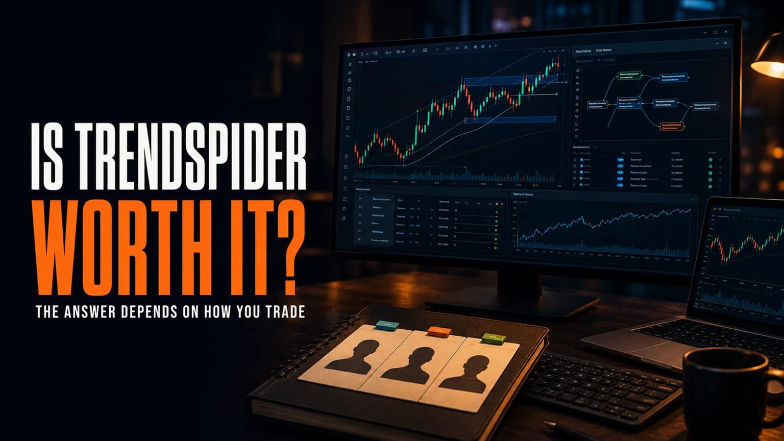 TrendSpider-style trading workstation beside trader-profile cards, illustrating whether the platform's automation is worth the subscription.