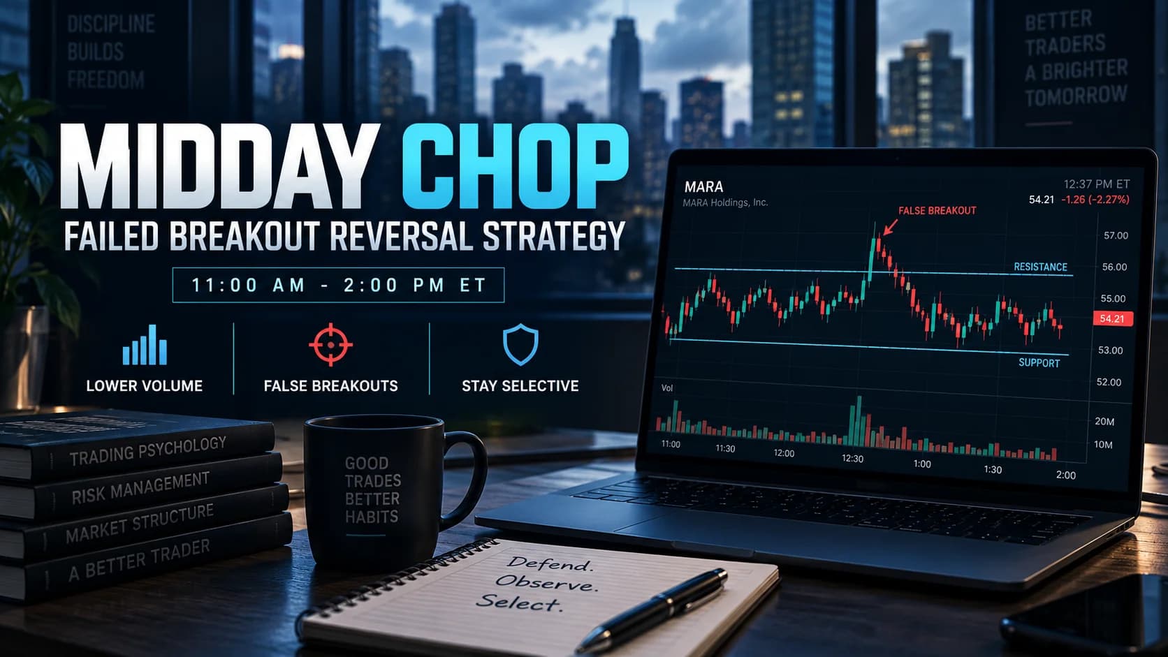 Midday chop trading strategy showing a failed breakout reversal, lower volume and range-bound price action between 11 AM and 2 PM ET.