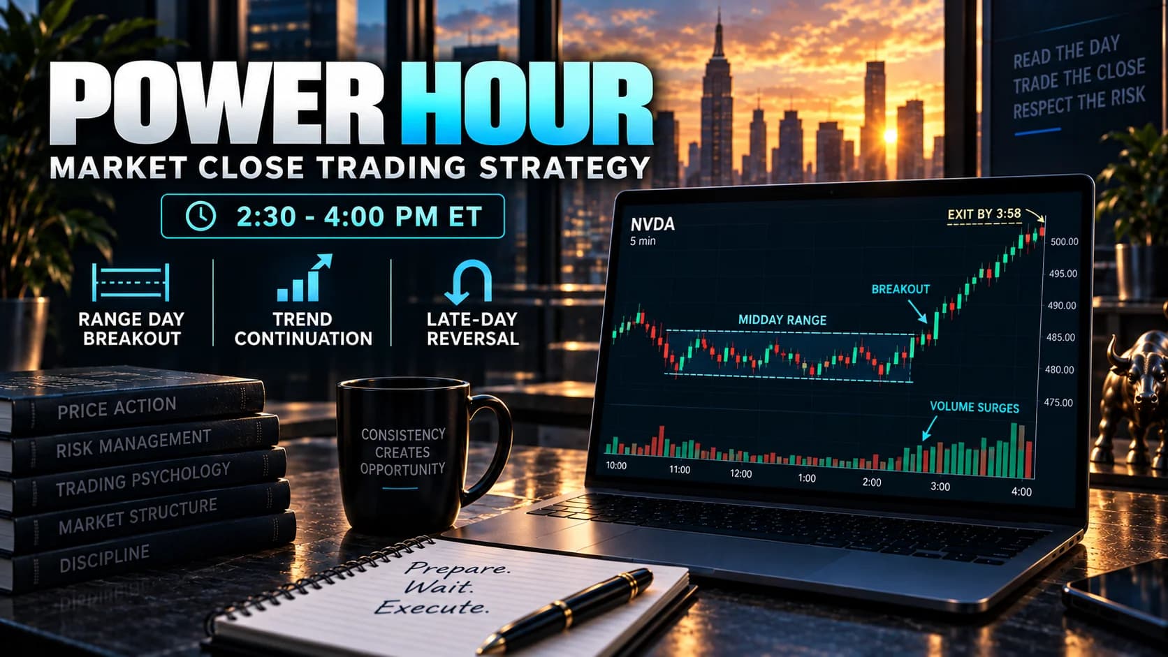 Power Hour market close trading strategy showing a volume-confirmed breakout from a midday range during the final 90 minutes of the trading session
