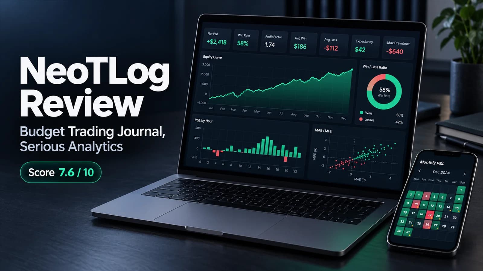 NeoTLog Review featured image showing a trading journal dashboard on a laptop, a P&L calendar on a smartphone, and a 7.6 out of 10 score.