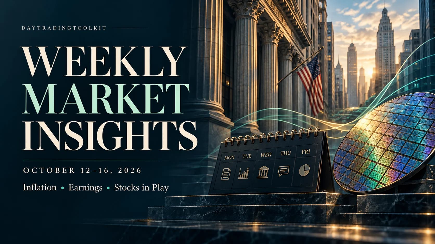 Weekly Market Insights for October 12–16, 2026, featuring Wall Street architecture, a trading-week calendar and a semiconductor wafer, highlighting inflation, earnings and stocks in play.
