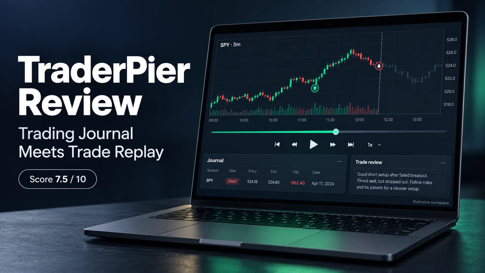 TraderPier Review cover showing a laptop with an illustrative trading journal, candlestick chart replay controls and a 7.5 out of 10 score.