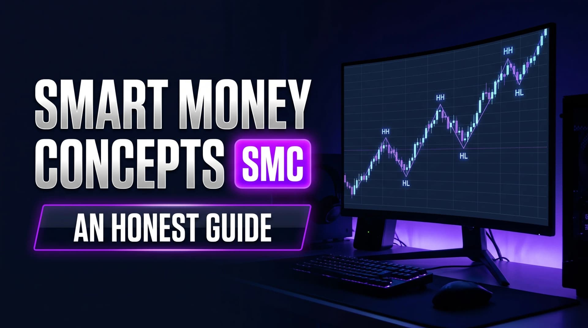 Smart Money Concepts honest guide, with a candlestick chart marking higher highs and higher lows in an uptrend