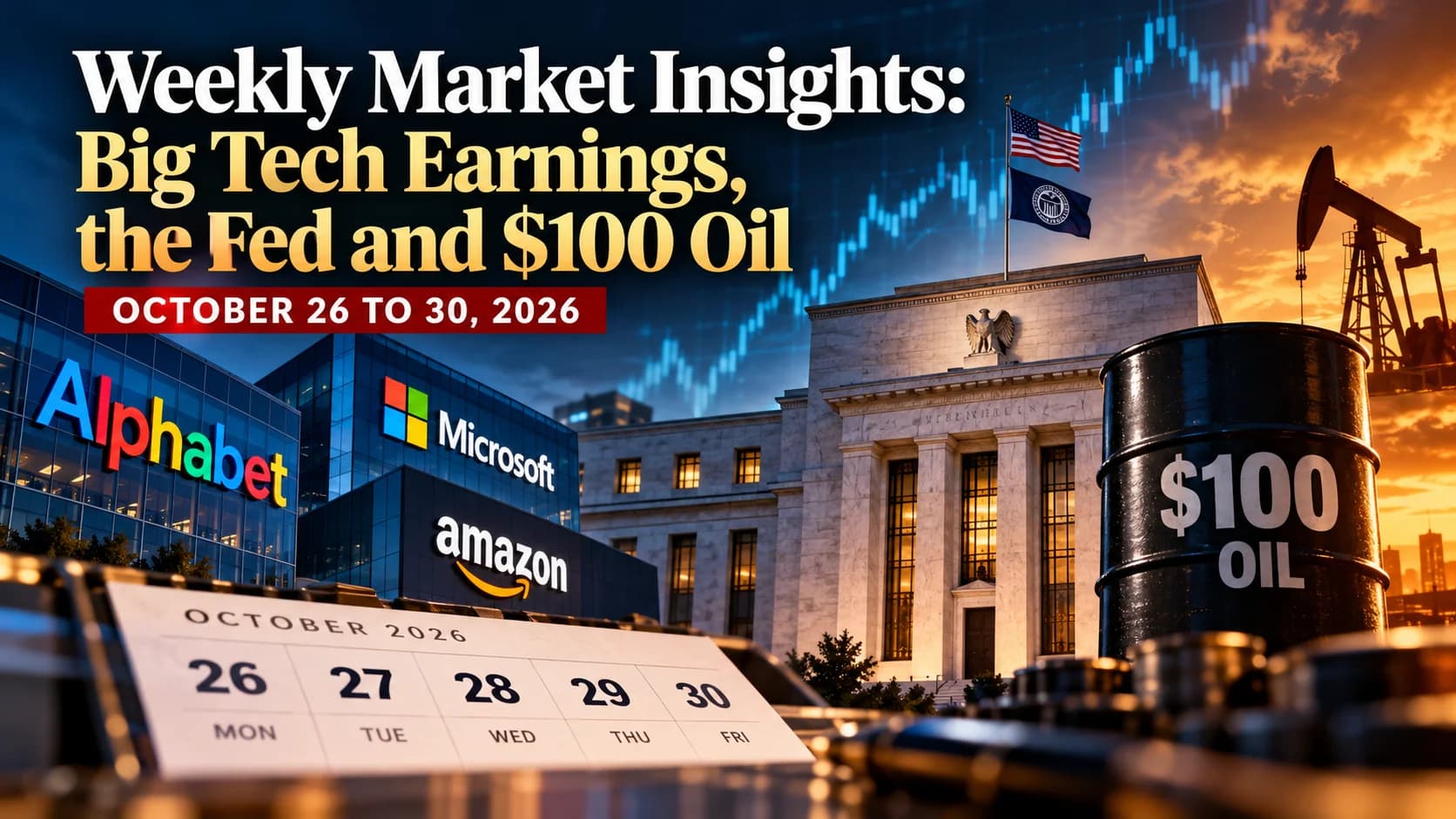 Weekly Market Insights for October 26 to 30, with Wall Street columns, trading monitors showing falling chip stocks and rising energy, a Fed calendar and an oil barrel beside AI servers.
