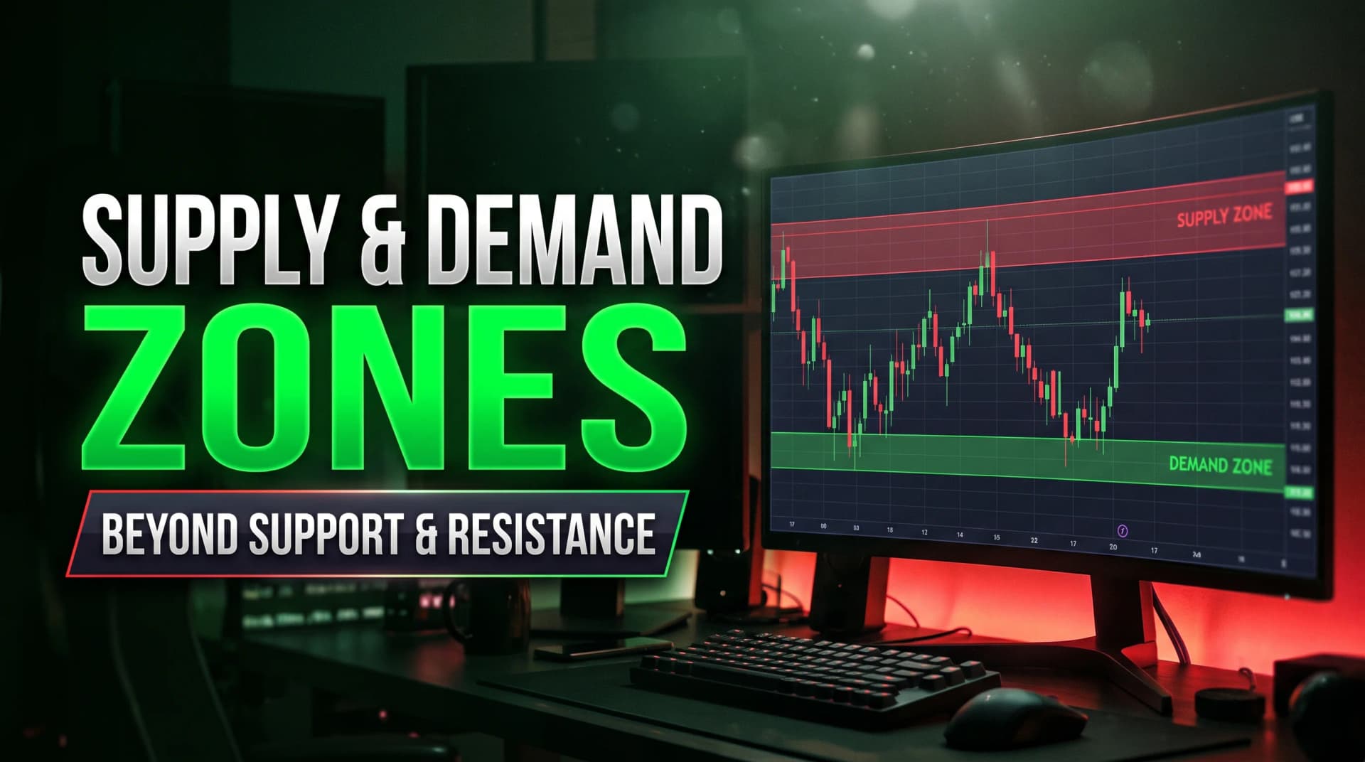 Supply and demand zone trading, with a candlestick chart showing a red supply zone above and a green demand zone below