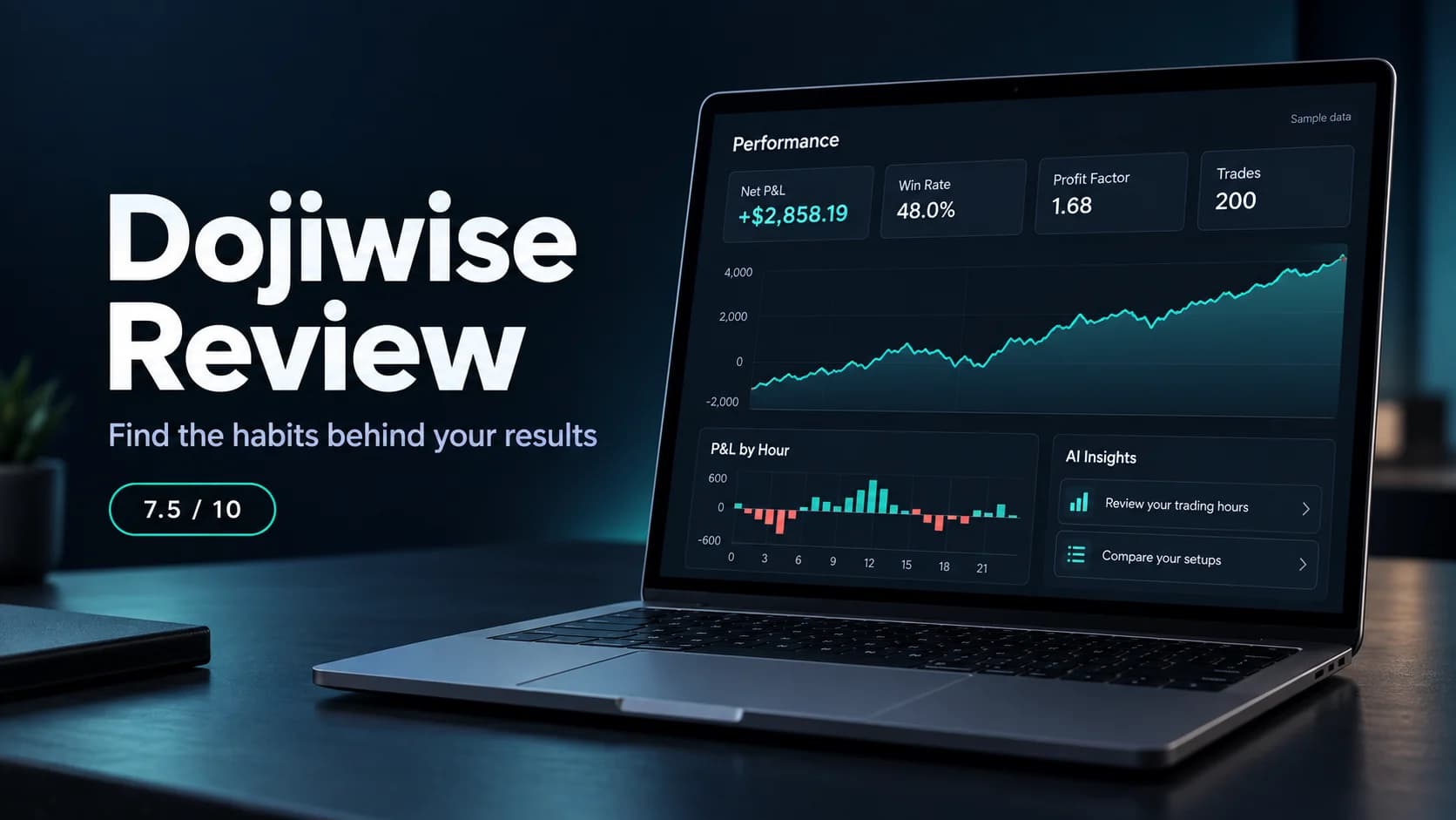 Dojiwise review featured image showing a trading journal dashboard with an equity curve, performance stats and an AI analysis panel, with a 7.5 out of 10 score.