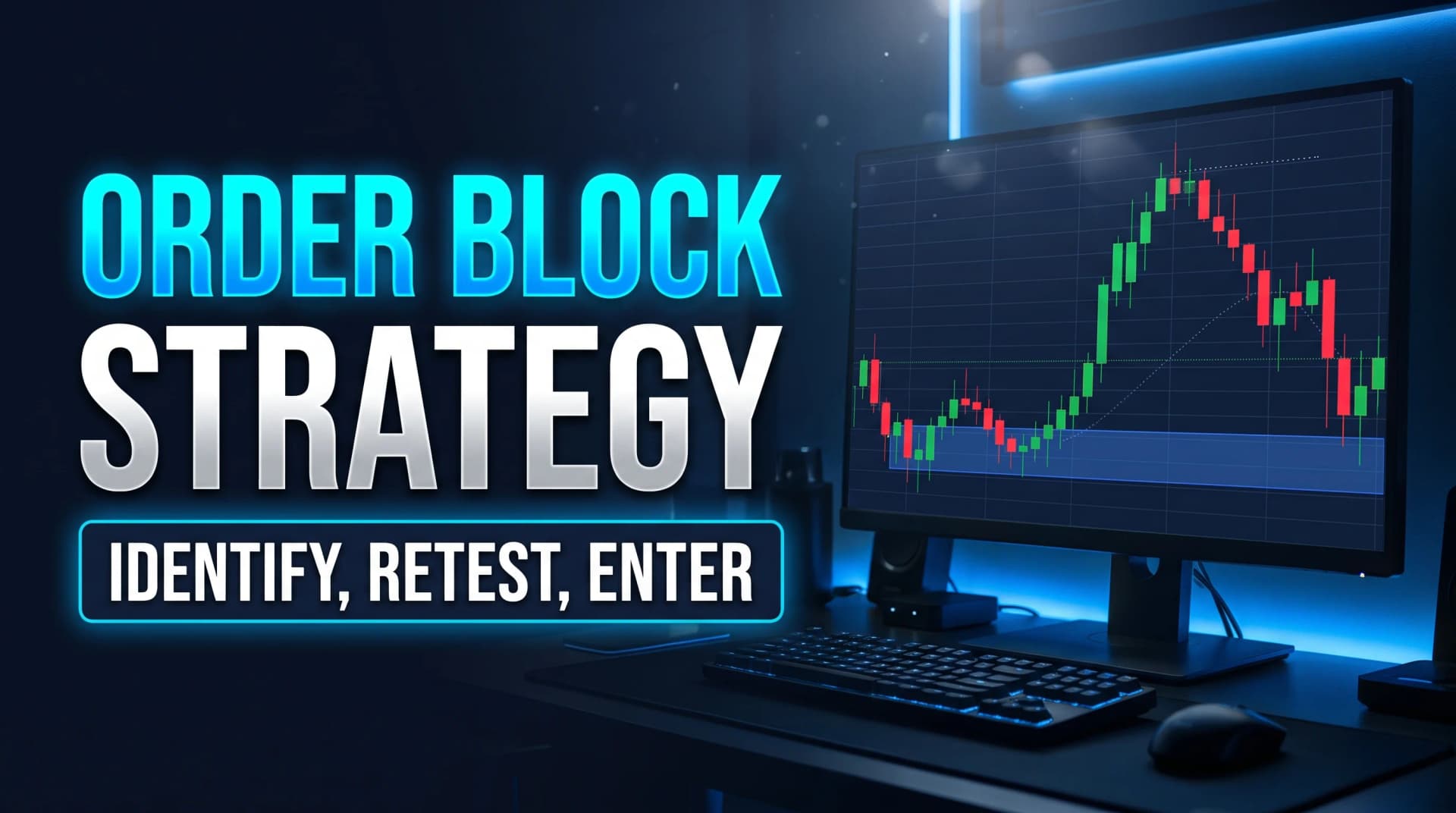Order block trading strategy, with a blue shaded zone at the base of a rally and price returning to retest it