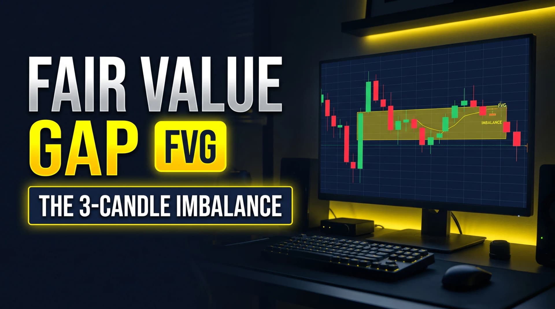 Fair value gap trading strategy, with a yellow shaded gap on a candlestick chart and price returning to fill it