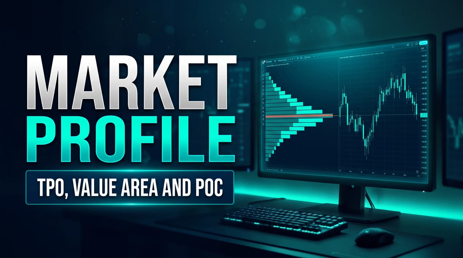 Market Profile day trading, with a TPO profile showing the value area and point of control next to a price chart