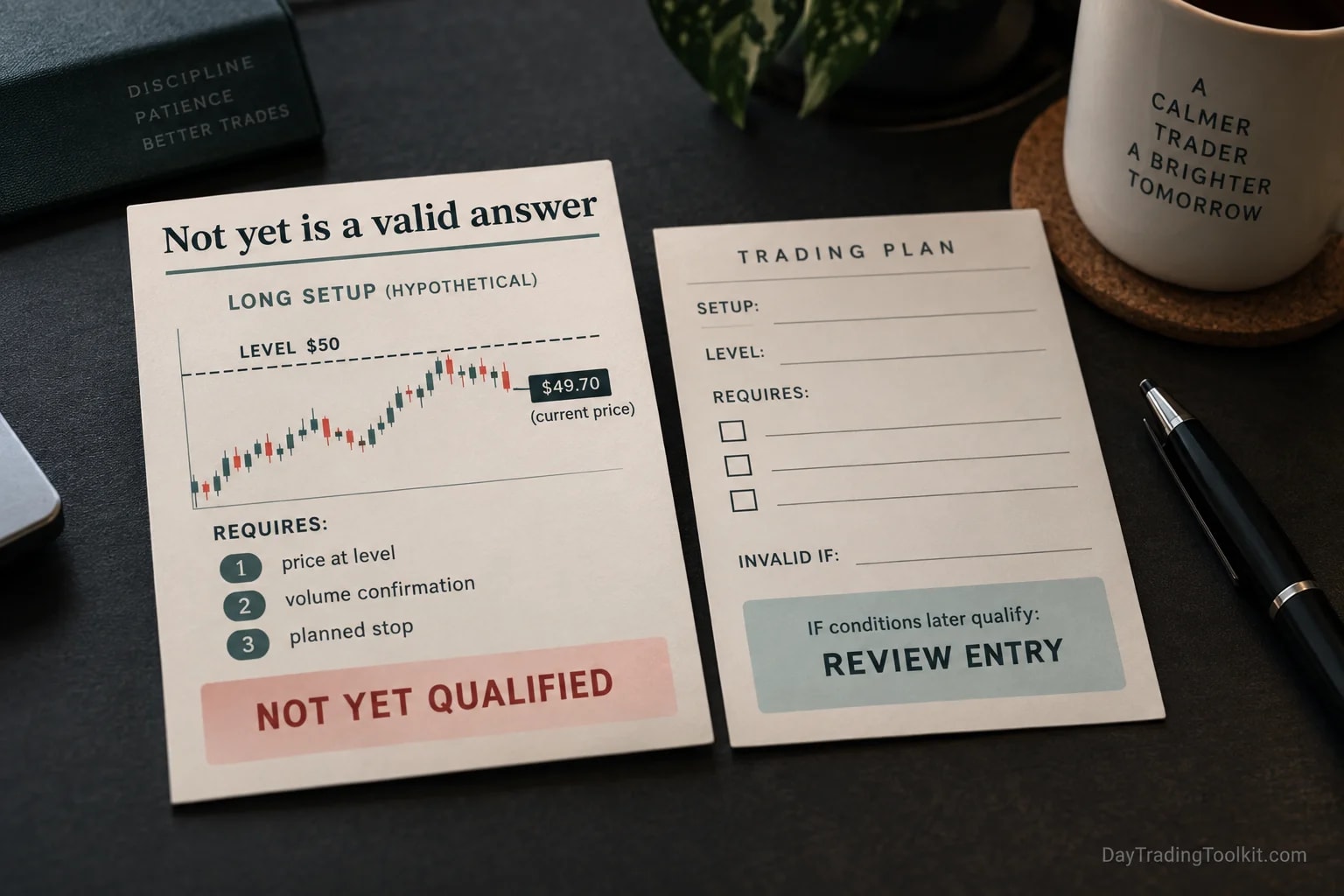 Hypothetical price remains below a $50 setup level; entry is reviewed only if the required conditions later qualify.