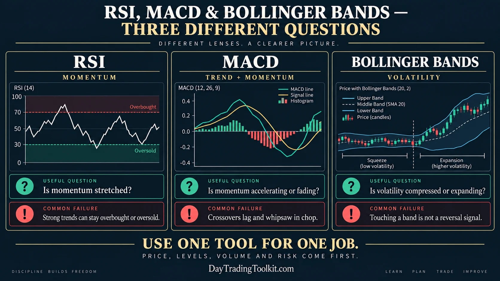RSI, MACD, and Bollinger Bands compared by purpose, useful question, and common failure mode.