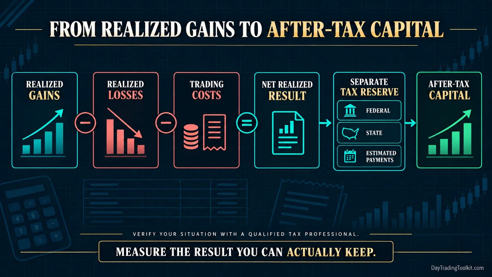 Flow from gross trading result through realized gains and losses, a separate tax reserve, and the capital remaining after tax.