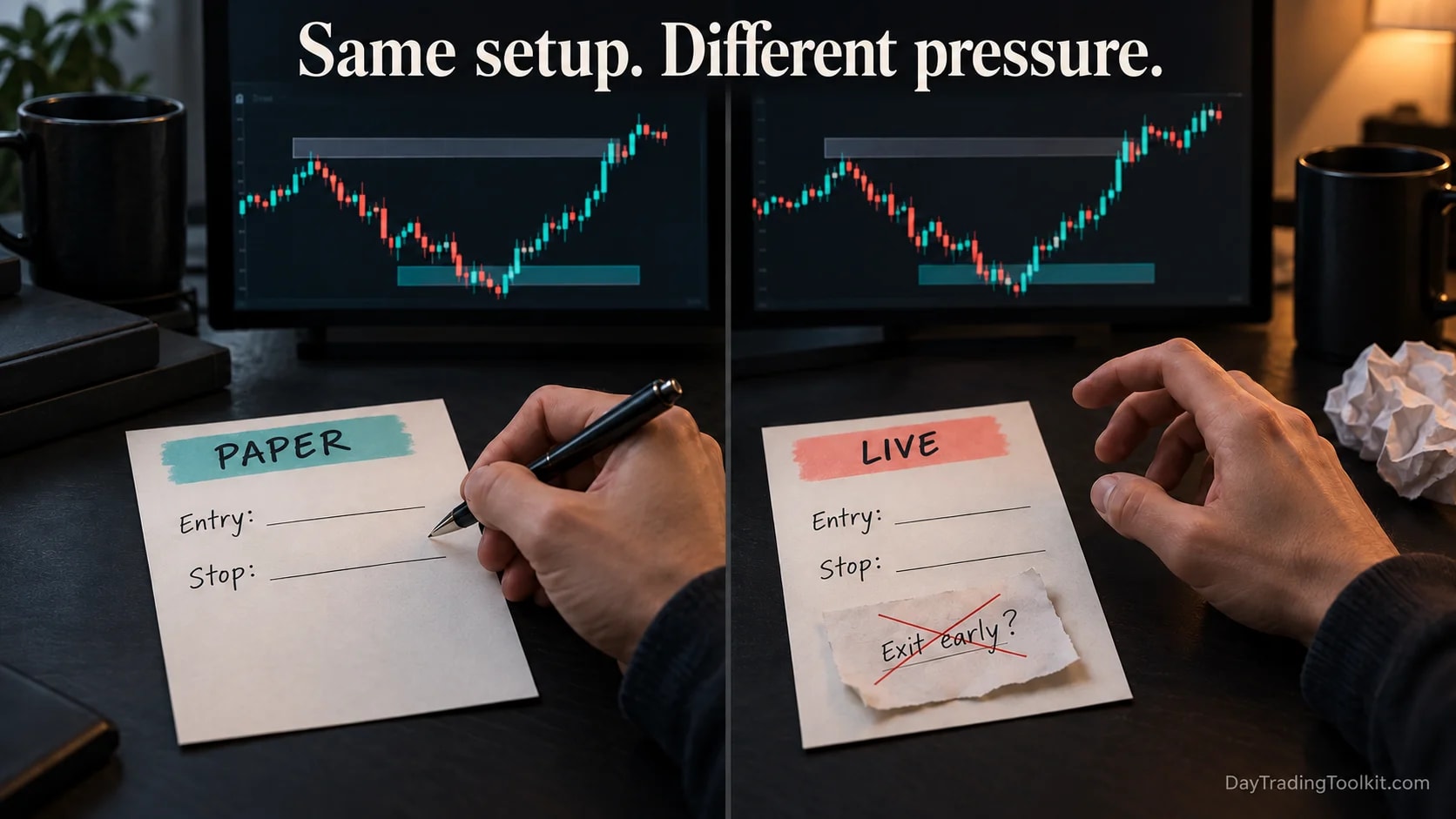 Paper and live versions of one hypothetical setup compare calm execution with hesitation and premature exits.