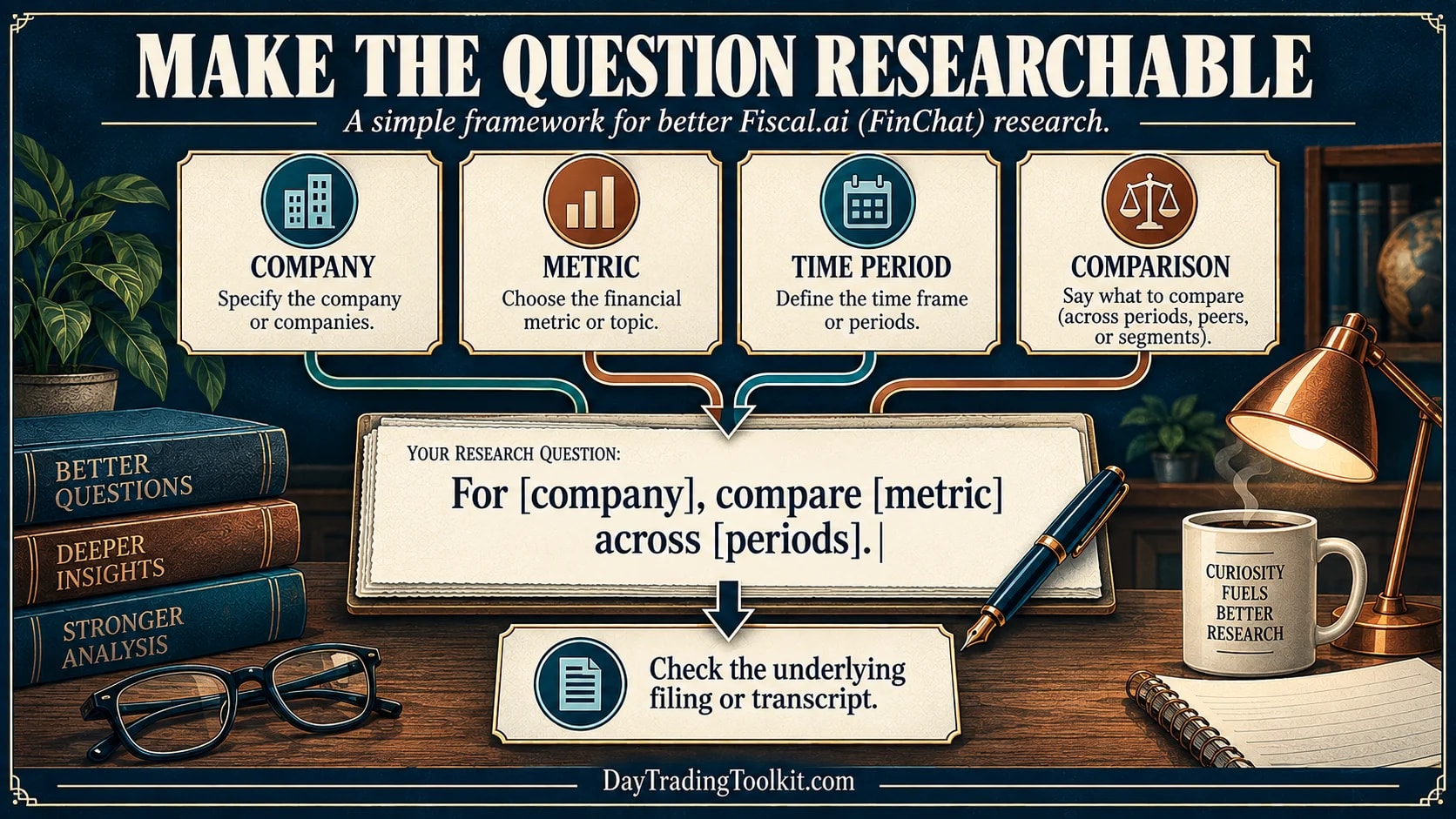 Four ingredients for a researchable Fiscal.ai Copilot prompt: company, metric, time period, and comparison, followed by a source check.