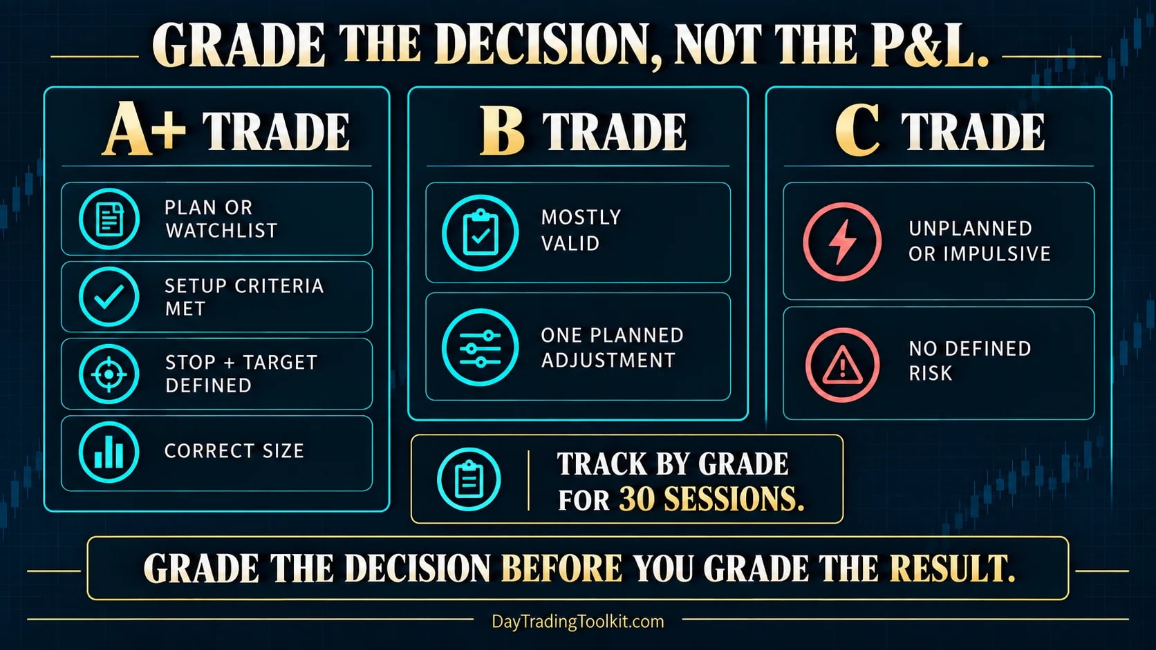 Grade the decision: an A+ trade is planned, meets setup criteria, has stop and target defined and correct size; B is mostly valid; C is unplanned or has no defined risk