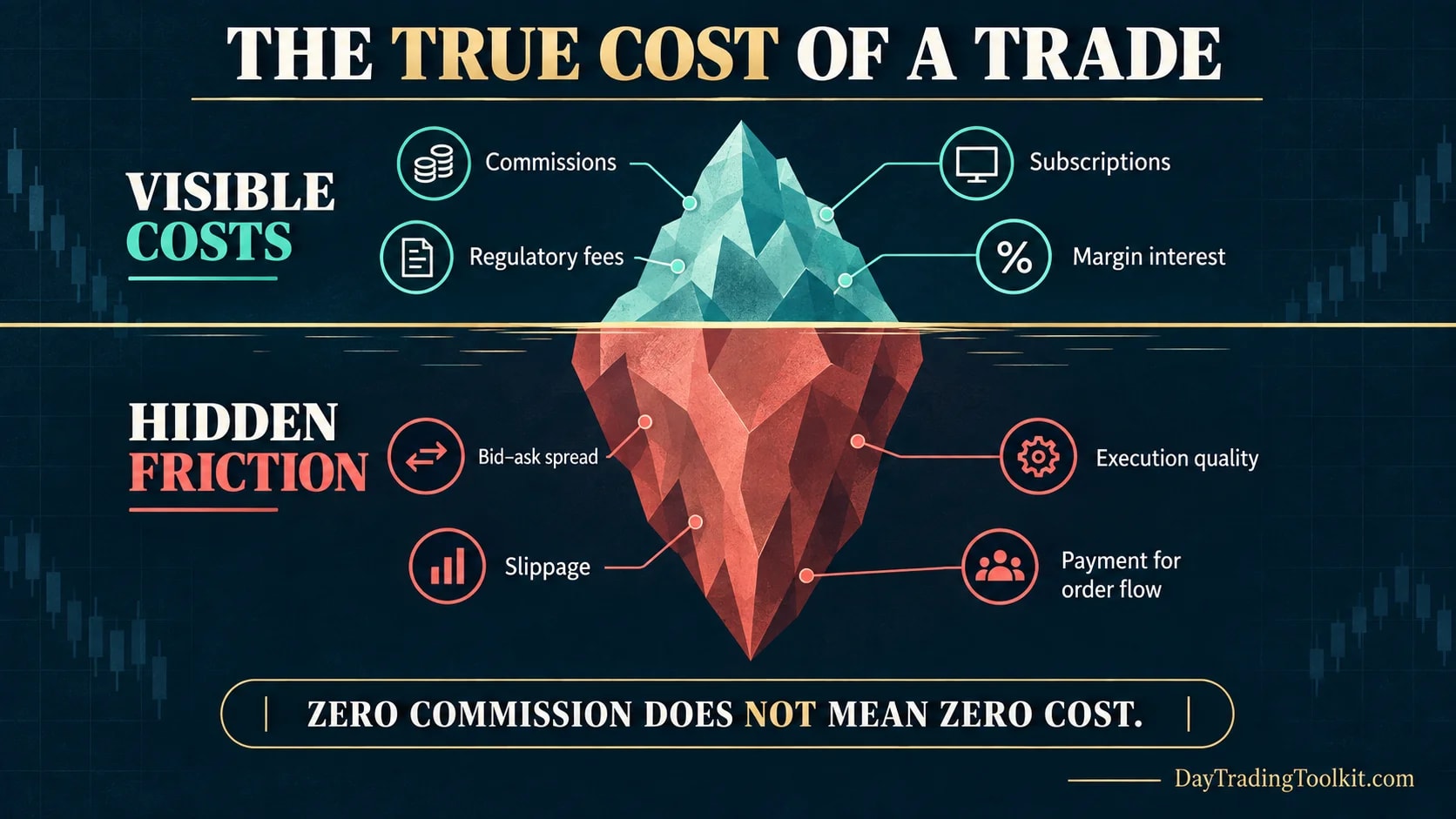 Editorial iceberg diagram separating visible trading costs from hidden friction such as the bid-ask spread, slippage, execution quality, and payment for order flow.