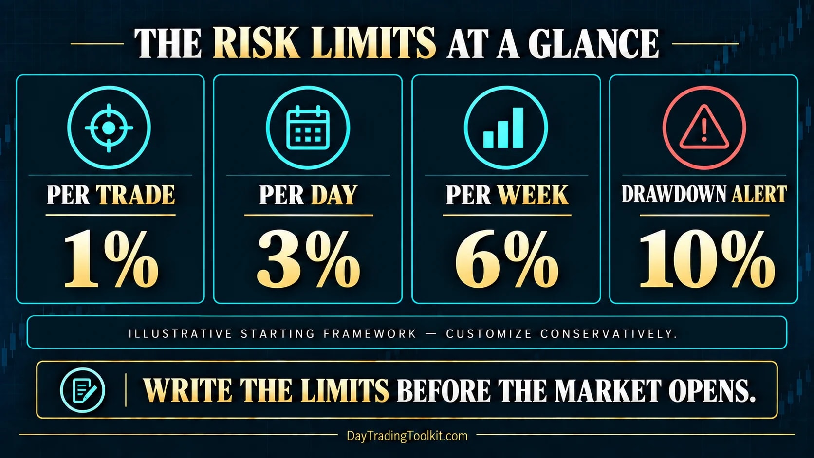 Risk-limit cheat sheet showing per-trade, daily, weekly, and drawdown thresholds