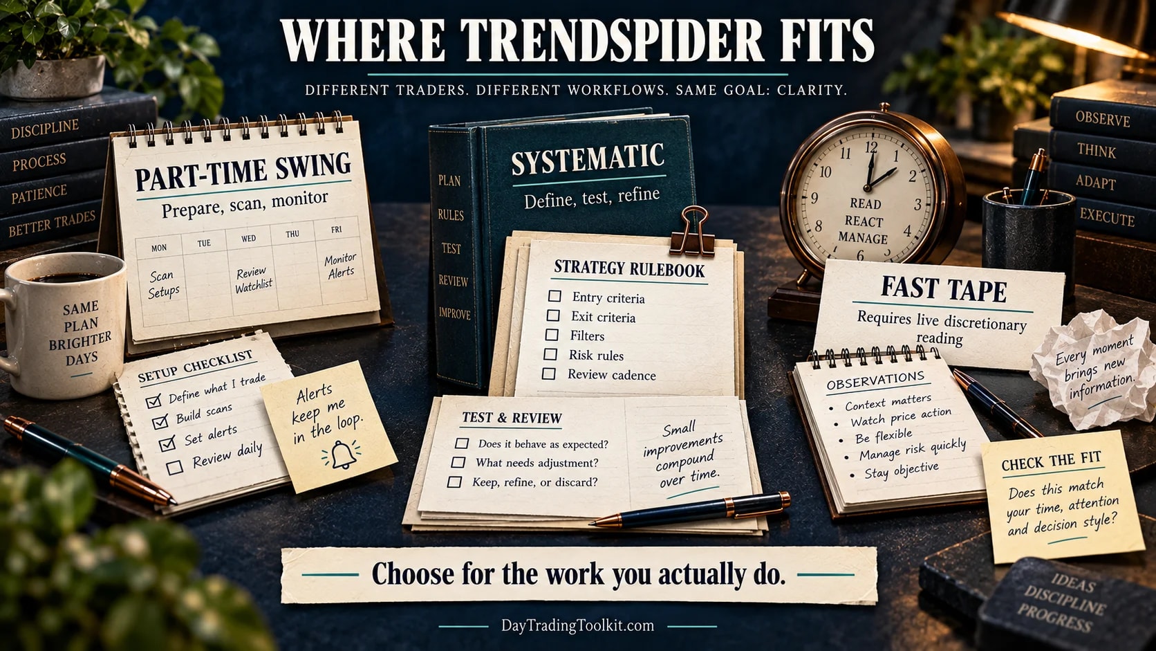 TrendSpider workflow fit for part-time swing, systematic, and fast discretionary traders.