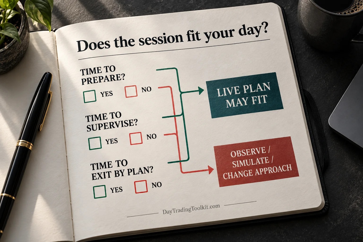 Session-fit decision checks whether preparation, supervision and exits fit an available window, with alternatives when they do not.