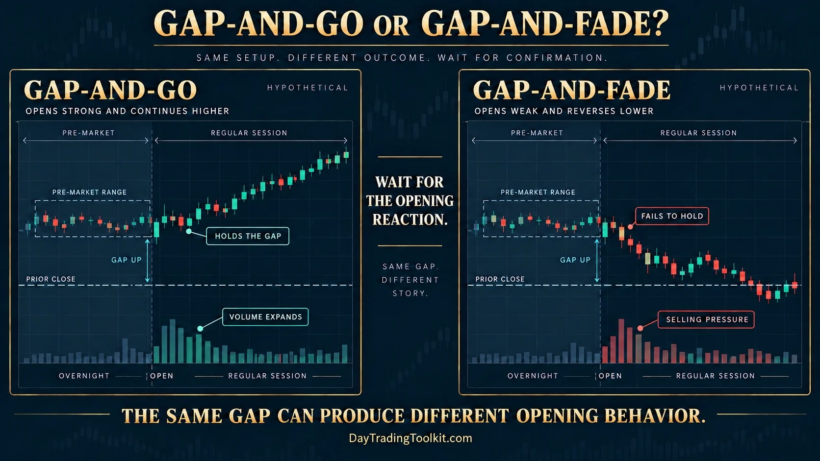 Hypothetical gap-and-go holds the gap with expanding volume, while a gap-and-fade fails and retraces toward the prior close.