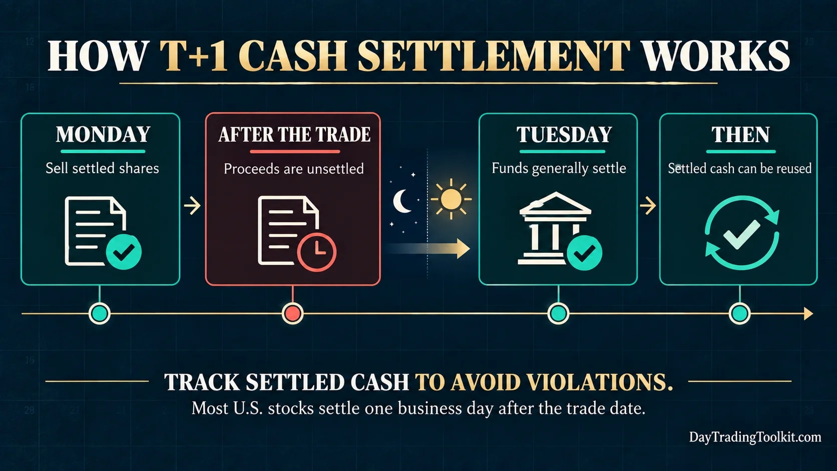 T+1 cash-settlement timeline showing Monday sale proceeds as unsettled before generally settling on Tuesday and becoming reusable.