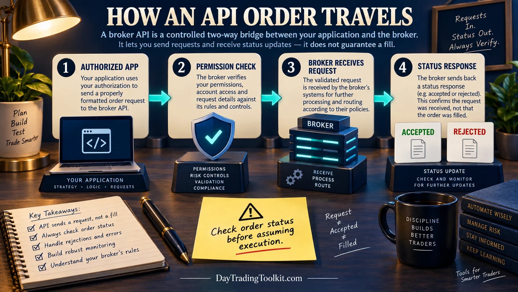 A strategy sends a request through a broker API and reads the broker's response and order status before treating the order as complete.
